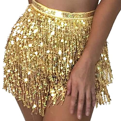 Zookey Sequin Tassel Skirt Fringe Skirts Christmas Skirt Belly Dance Hip Scarf Glitter Mini Skirt Rave Outfit for Women and Girls Gold