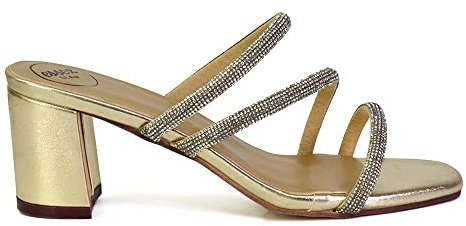 Womens Slip On Low Heel Sandals Ladies Diamante Square Toe Sparkly Shoes Size Gold