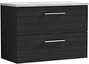nuie ARN626LBG Arno Modern Bathroom Wall Hung 2 Drawer Vanity Unit with Laminate Worktop, 800mm, Woodgrain Charcoal Black/Bellato Grey