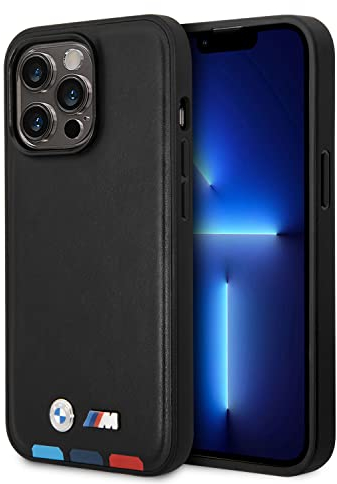 CG MOBILE BMW-Handyhülle für iPhone 14 Pro in Schwarz mit dreifarbigen Bodenlinien, PU-Leder, M-Kollektion, Glatte Schutzhülle mit EIN-Knopfabdeckung, Stoßdämpfung und Signatur-Logo