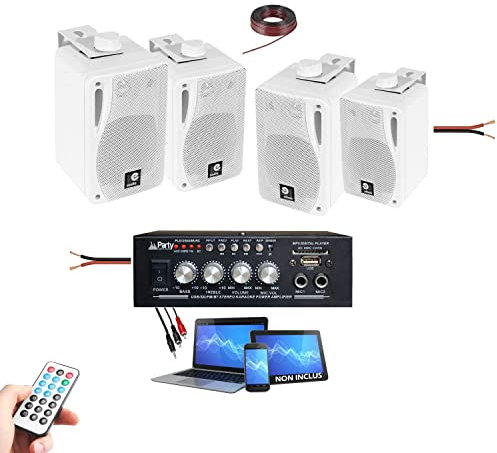 Party Light & Sound - Pack HiFi Magasin Restauration Ampli PLS1250USB-RC Fonction Tuner USB Bluetooth - Télécommande - 4 Enceintes 80W - Câblage