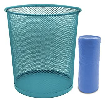 EUROXANTY Papelera de rejilla + Bolsa basura | Papelera de oficina | Papelera de metal | Rejilla para ventilar | Papelera 10L | Pack 15 bolsas | Azul