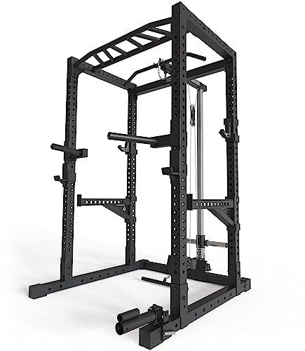 Atletica R7-Cage Power Rack | Power Rack mit Latzug- und Ruderstation, Multi-Grip Pull-Up Bar, Dip-Barren, Spotter Arme, 4 J-Hooks und Landmine Größe 200cm Höhe