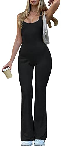 Alaurbeauty Damen Ärmellos Rückenfrei Overall mit Quadratischem Ausschnitt Y2K Overall Hosen Sommer Lang Einteiler Jumpsuit Eng (A-Schwarz, L)