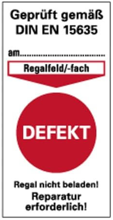 Aufkleber Prüfplakette „Prüfung gem. DIN EN 15635 – DEFEKT“ Regalkennzeichnung Folie | Größe wählbar Made in Germany, Größen Name: 8x4cm