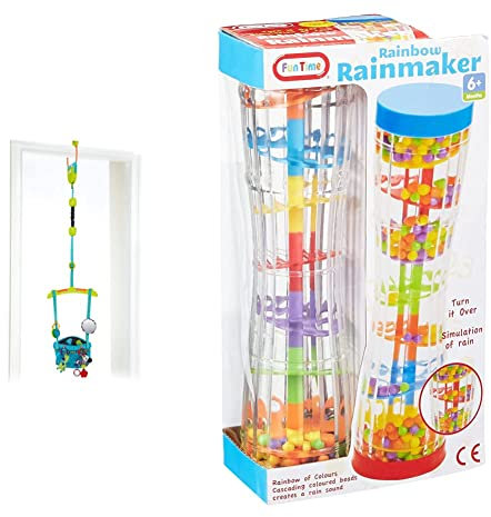 Bright Starts, Door Jumper - Bounce 'n Spring Deluxe with Padded Seat, Door Clamp, Adjustable Strap, 4 Take-Along Toys & Funtime 55914 Rainbow Rainmaker Toy,for 6 Months to 3 Years, 23cm
