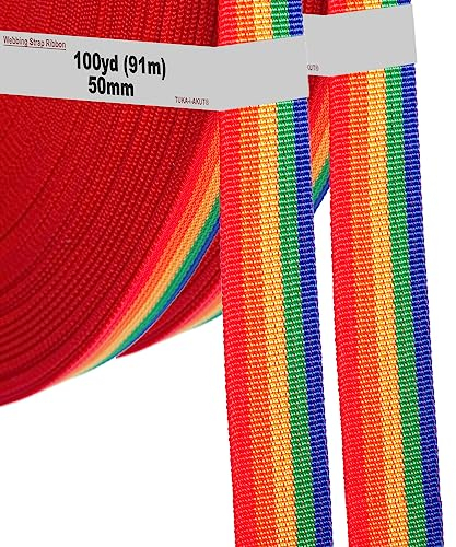 TUKA-i-AKUT 182 Meter x 50mm PP Gurtband - 1,1mm Stark - Regenbogen Gurtband aus Polypropylen - 182 Meter (200YD = 2x100YD) Länge und 50 mm Breite, 5 Farben, TKB5073