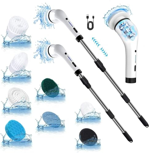 Cepillo de limpieza eléctrico, limpiador eléctrico de suelo con 8 cabezales de cepillo reemplazables y brazo de extensión ajustable, limpiador giratorio eléctrico inalámbrico para limpiar baño