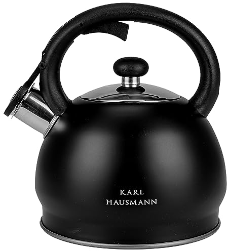 KARL HAUSMANN Wasserkessel Induktion - 1.8L - Schwarz Teekessel mit Automatischer Pfiff - Edelstahl Wasserkocher für Induktionsherd, Gasherd und Elektroherd - Pfeifkessel - Teekanne - Flötenkessel