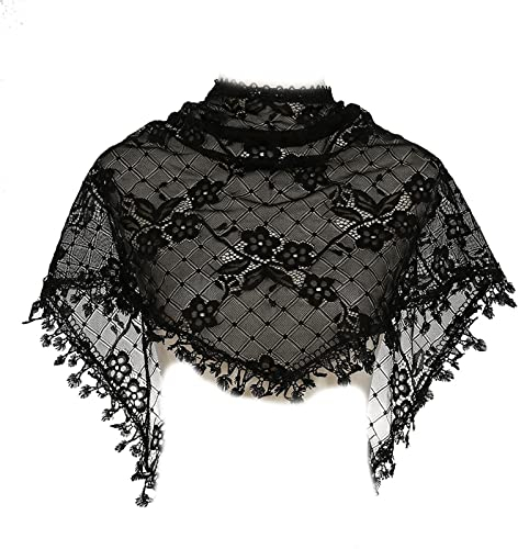 Dreieckstuch Spitze für Dreieckstuch mit Fransen Blumendruck Schal Spitze Fransen Schal Sommer Hijab für Frauen Leicht, Schwarz , 24in*16in