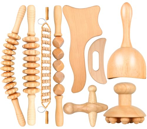 Fairyliss 9-in-1 Holztherapie-Massagewerkzeug für Körperformung, Maderoterapia-Set gegen Cellulite, Lymphdrainage, gebogenes Holzmassagegerät, Tassenroller-Set für Bein- und Bauch