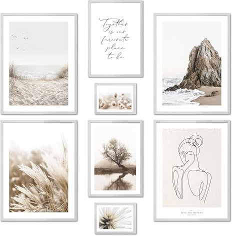 ARTFAVES® Poster Set - BEIGE HARMONY - mehrteilige Wanddeko Wohnzimmer & Schlafzimmer - 8 moderne Wandbilder Natur, beige, Strand, Meer, Line-Art, Pampasgras - mit Rahmen Weiss