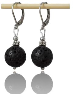 Lavastein Perlen Ohrringe, Schwarz Silber Lava Creolen, Ohrhänger Edelstein, Edelstahl, Unikat Vulkanisch Gothic Schmuck, Geschenk für Sie