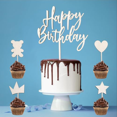 Goldenland Happy Birthday Tortendeko, Kuchen Deko Geburtstag, Cake Topper Holz 5 Stück für Party Mädchen Jungen Frauen Mann