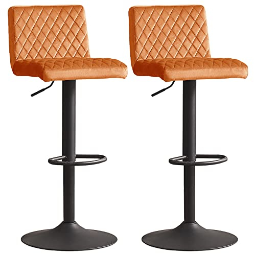 2er-Set Barstühle, höhenverstellbarer 63-83 cm Barhocker, 360° drehbarer Tresenhocker, Drehstühle mit gepolsterter Sitzfläche aus Samt für Bar, Küche, Bistro, Counter, Esszimmer und Café (2, orange)
