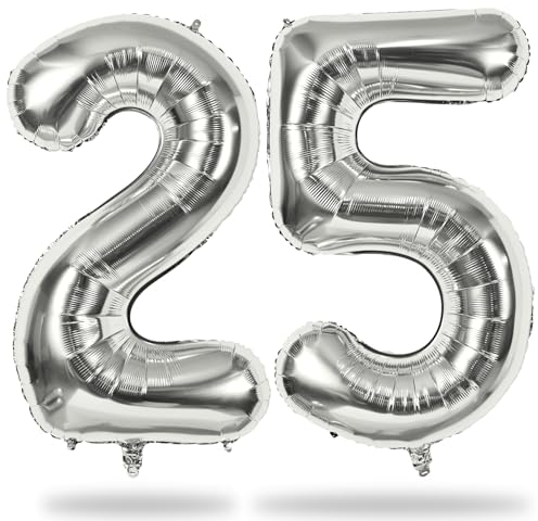 40 Inch 25th Birthday Balloons for Men, Mylar Self Inflating Silver 25 Balloon Number, Big Foil 2 & 5 Helium Balloons for Women 25 Year Old Birthday Party Decorations Women Anniversary Decor Supplies