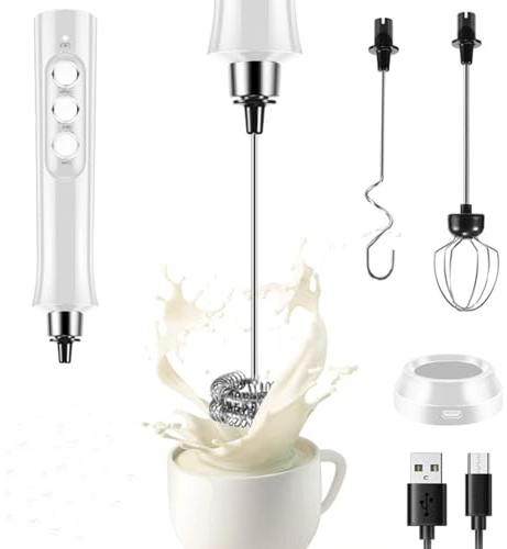 SANON Espumador de leche eléctrico de mano con tres batidores, espumador de leche eléctrico recargable por USB, mezclador de bebidas con 3 velocidades