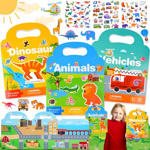 Weploda 3 Stück Stickerbuch, Stickerbuch Für Kinder, Tier & Dinosaurier, Multicolor, Wiederverwendbar, Ab 2 Jahren