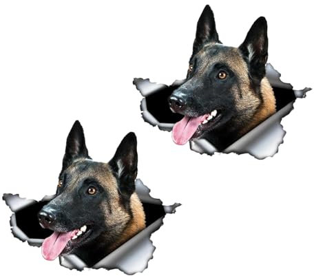 MUYAPAY 2 Stück Malinois Heckscheibenaufkleber Auto, 3D Autoaufkleber, PET Autoaufkleber Hund, Frontscheiben Aufkleber, Belgischer Schäferhund Aufkleber für Autofenster, Stoßstange, Tür, Motorhaube