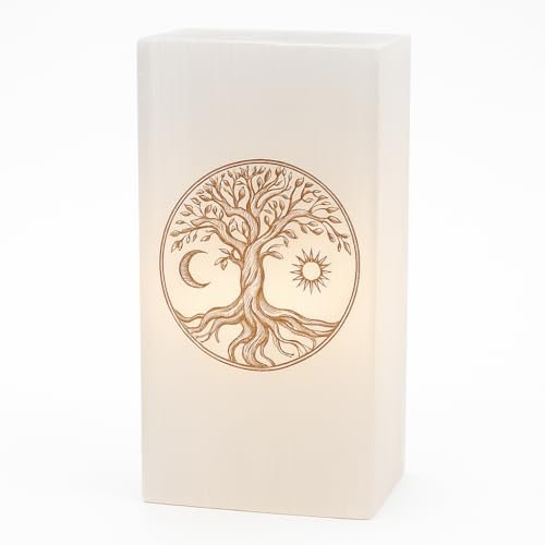 Lampe en sélénite Arbre Vie Gravure dorée