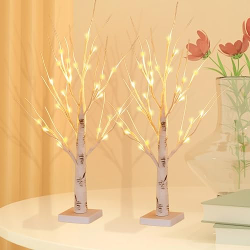 2er Set Birke Lichterbaum, 60cm/2ft LED Baum Lichter Warmweiß, LED Lichterbaum Innen mit 24 LEDs, Batteriebetrieben/USB Leuchtbaum, Lampe Baum Beleuchtete Zweige Deko für Weihnachten Party Innendeko