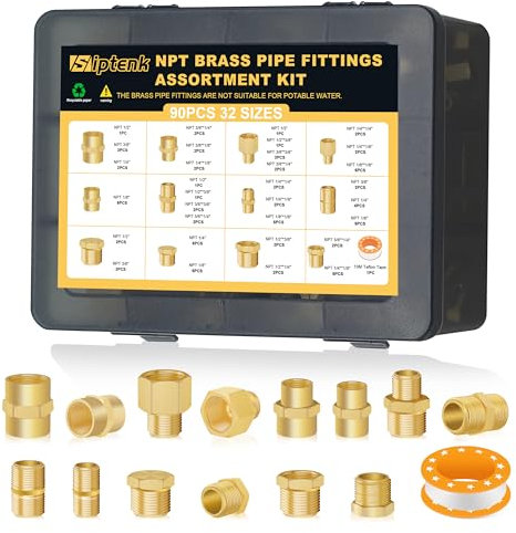 Siptenk 90pcs NPT Brass Pipe Fittings Kit, Pipe Connector Assortment, 1/8'' 1/4'' 3/8'' 1/2'' Hex Bushing Reducing Coupling Male to Female Adapter Close Nipple