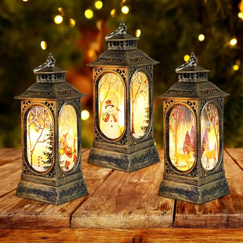 Weihnachtslaterne, 3 Stück, Weihnachtsdekoration, Lichter, Vintage-Weihnachtskerze, LED-Windlaterne mit Weihnachtsmann, Elch, Schneemann, Muster, Dekoration, Weihnachtslaternen für Weihnachten,
