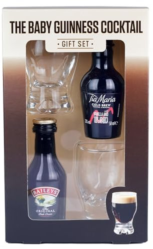 Baby Guinness Gift Set, including Tia Maria Cold Brew 5cl, Baileys 5cl, and Two Shot Glasses. Perfect for Christmas and Birthdays. Premium Packaging