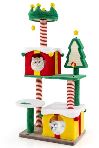 PETSITE 61 inch Christmas-Themed Cat Tree, Multi-Level Cat Tower with Sisal Scratching Posts, 2 Gift Box-Shaped Cat Condos, Hanging Teasing Ball, and Spring Toys, Cute Cat Tree Tower for Indoor Cats