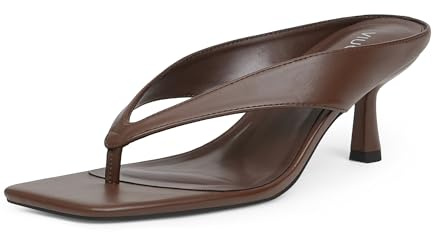 VIUGJNEX Women's Square Toe Thong Kitten Heel Sandal, Brown, 8