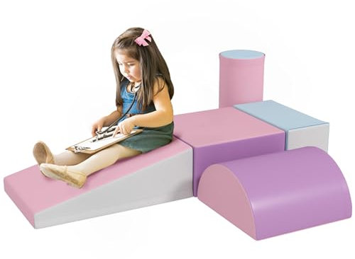 HOMCOM Set Costruzioni Morbide per Bimbi 1-3 Anni con 5 Blocchi Colorati, Set da Gioco Blocchi Morbidi per bambini in Finta Pelle e Schiuma, Rosa, Viola, Celeste e Grigio