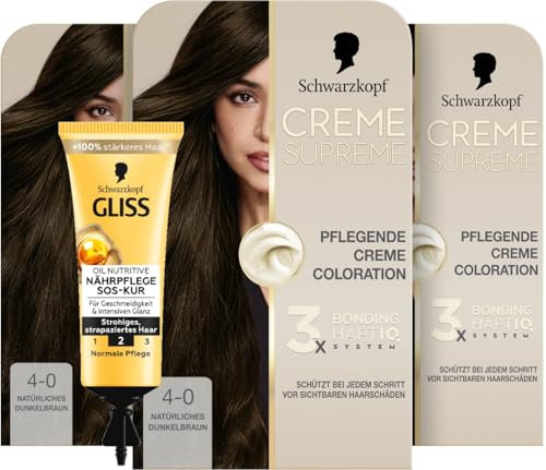 Schwarzkopf Creme Supreme Coloration 4-0 Natürliches Dunkelbraun (3x 182 ml), dauerhafte Haarfarbe mit Serum und Haar-Maske & SOS-Intensiv-Kur Oil Nutritive (15 ml) für intensive Reparatur