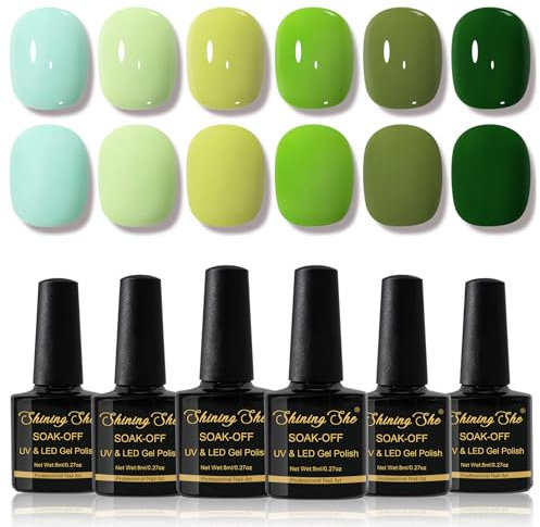 Shining She Gel Nail Polish, 6 Colours Soft Blue Green Dark Green Olive Teal Gel Polish Set Soak-Off UV/LED Nail Polish Gift for Nail Art Salon DIY Home, 8ML