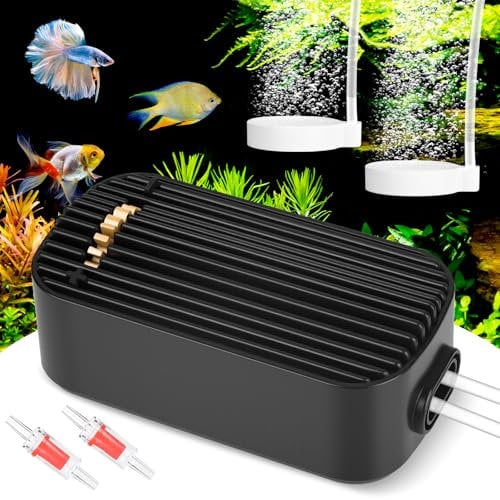 Ossigenatore per Acquario, GuKKK 5W Aeratore Ultra-Silenzioso, Regolabile Potente Pompa d'Aria Per Acquario con Air Stone e Valvola Di Ritegno, Doppia Presa Pompa Aria Acquario Areatore per Acquario