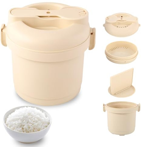 Microwave Rice Cooker, 585ml Rice Steamer and Pasta Cooker Small Steamed Rice Box for Steaming, Microwave Saucepan with Steamer, Filter, Tray, Rice Spoon, BPA-Free