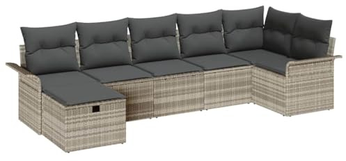 vidaXL Garten-Sofa-Set mit Kissen 7 pcs Hellgrau Poly Rattan, Garten und Terrasse, modernes, modulares Outdoor-Sofa, verstellbar, rechteckig, wetterfestes Sitzset