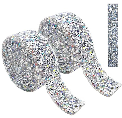 2 Bände Strassband Selbstklebend, Bling Harz-Strassband Breite 2cm, Strasssteine Selbstklebend Silber AB Glitzerband, Rhinestones, Glitzerstreifen, Strasssteine-Klebeband für DIY Kleidung, Handwerk