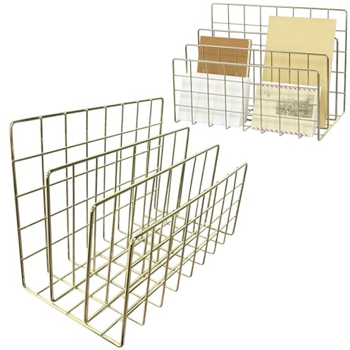 QYLZ 2PCS Wire Letter Holder, 3-Slot, 24 x 12 x 15.8cm, Mail Sorter for Desk, Document Organiser, for Letters, Postcards, Brochures, Envelopes, Paperwork(Gold)
