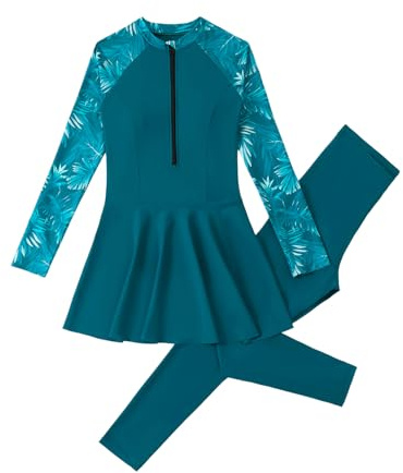 EFOGEP Modest Swimwear Women 2 Pieces Full Coverage Burkini | Tropical Print Long Sleeve Zip Up Top + Pants for Holiday Beach & Pool Wear