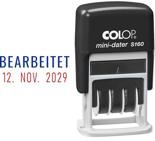 COLOP S160 Datumstempel mit Text – zweifarbig Rot Blau Abdruck – selbstfärbend – Mini Büro Stempel mit Datum und Texten für Buchhaltung Büro Lager – kompakt präzise langlebig (Bearbeitet)