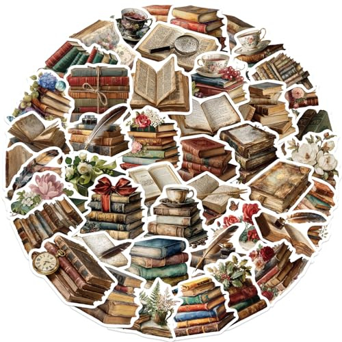PRETTYSUNSHINE Vintage Bücher Aufkleber 50 Stück, Aesthetic Wasserfeste Stickers für Kindle, Journal, Scrapbook, Laptop, Koffer, Helm, Motorrad, Skateboard, Auto, Fahrrad, MacBook