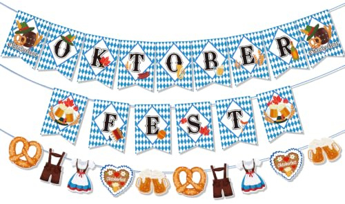 3-teiliges Oktoberfest-Girlanden-Set, blau-kariert „OKTOBER“ & „FEST“ (große Banner) + kleines Banner mit Dirndl, Lederhosen, Brezel und Bierkrug, bayerische Bierfest-Dekoration