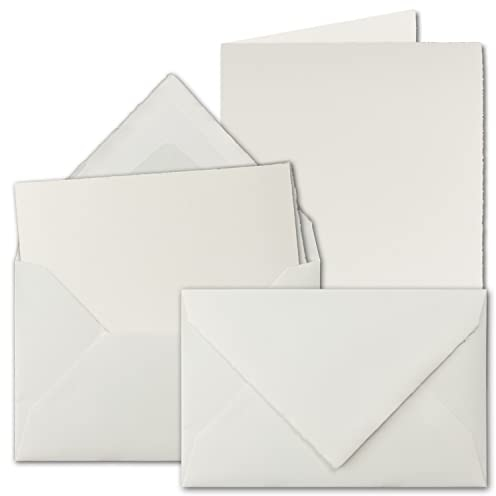 50x B6 Vintage Faltkarten-Set mit gefütterten Briefumschlägen, Büttenpapier, 113 x 175 mm - hoch-doppelt, Naturweiß - Karten aus Büttenpapier