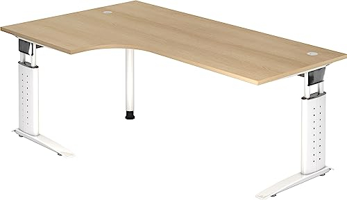 Bümö höhenverstellbarer Eckschreibtisch U-Serie 200x120 Eiche, Gestell in weiß - Schreibtisch L Form, großer Tisch für's Büro, Computertisch höhenverstellbar