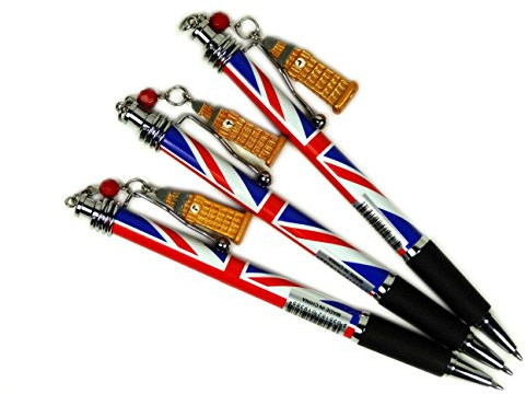 Pens Set di 3 penne a sfera con clip a forma di Big Ben e bandiera del Regno Unito, souvenir da collezione