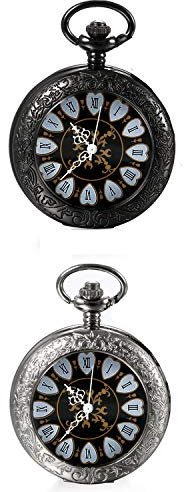 JewelryWe 2pcs Retro Handaufzug Mechanische Taschenuhr Vintage Blumenmuster Römische Ziffern Taschenuhren Uhr mit Kette und Geschenkbox, Schwarz Silber