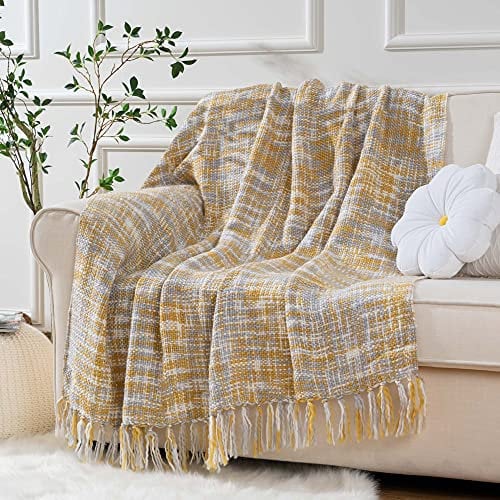 BATTILO HOME Yellow Sofa Throw Blanket with Fringe Decorative Boho Knitted Throw Travel Blanket Nap Throw for Armchair, Couch and Bed (127x152cm, Ochre)