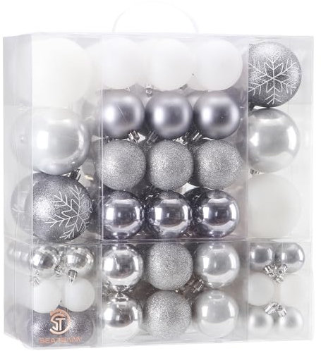 Sea Team 125 Pieces of Assorted Christmas Ball Ornaments Shatterproof Seasonal Decorative Hanging Baubles Set with Reusable Hand-held Gift Package for Holiday Xmas Tree Decorations, Silver