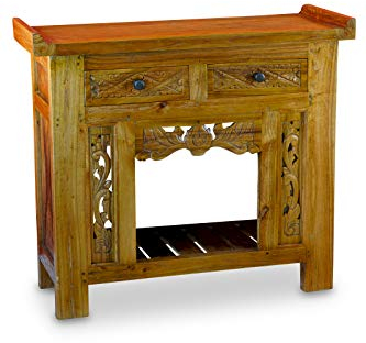 Teak Altholz Konsole Malay - Konsolentisch aus Altholz mit 2 Schubladen und Schnitzereien, auch als Wandtisch in Wohnzimmer, Flur, Diele und Schlafzimmer geeignet