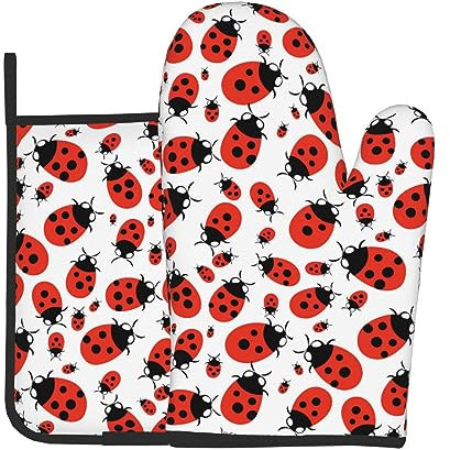 Lot de 2 gants de cuisine et porte-casseroles avec doublure en coton antidérapant Motif coccinelle rouge